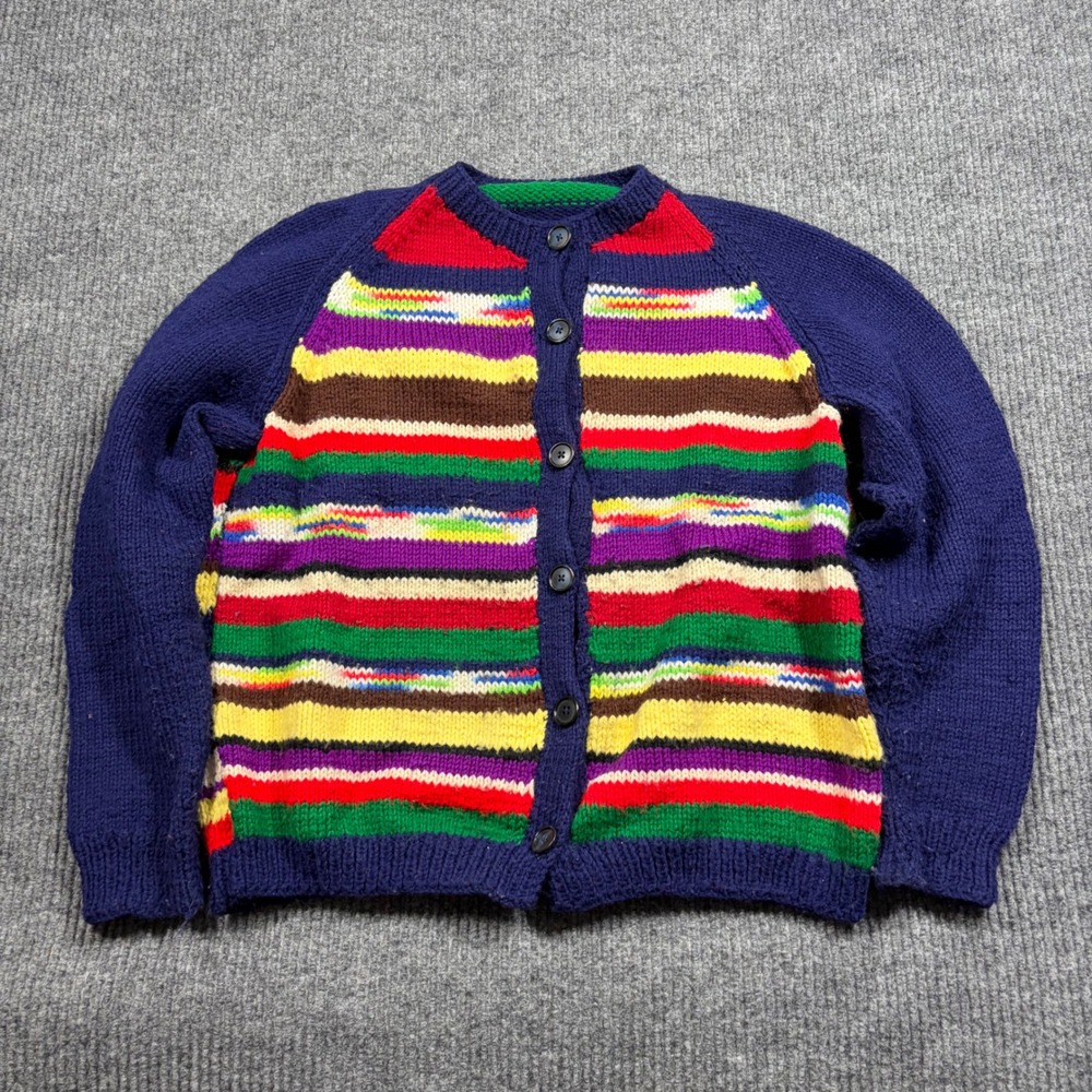 Vintage Handmade Sweater Women's L Multi Color Striped Knit Cardigan Navy 90s